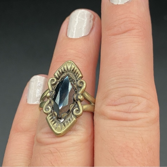Art Deco Hematite and Brass Vintage Marquise Style Ring Silver Size 5.5Rare - Picture 12 of 16
